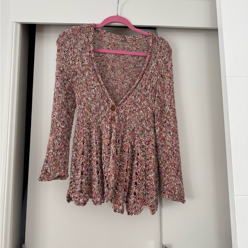 Free People Pink and Red Peplum Sweater with 3/4 Sleeves